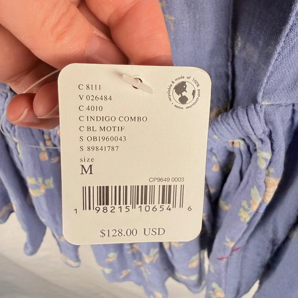 Free People Chloe Floral Print Indigo Combo Open Back Top Medum Boho Flowy NWT‎